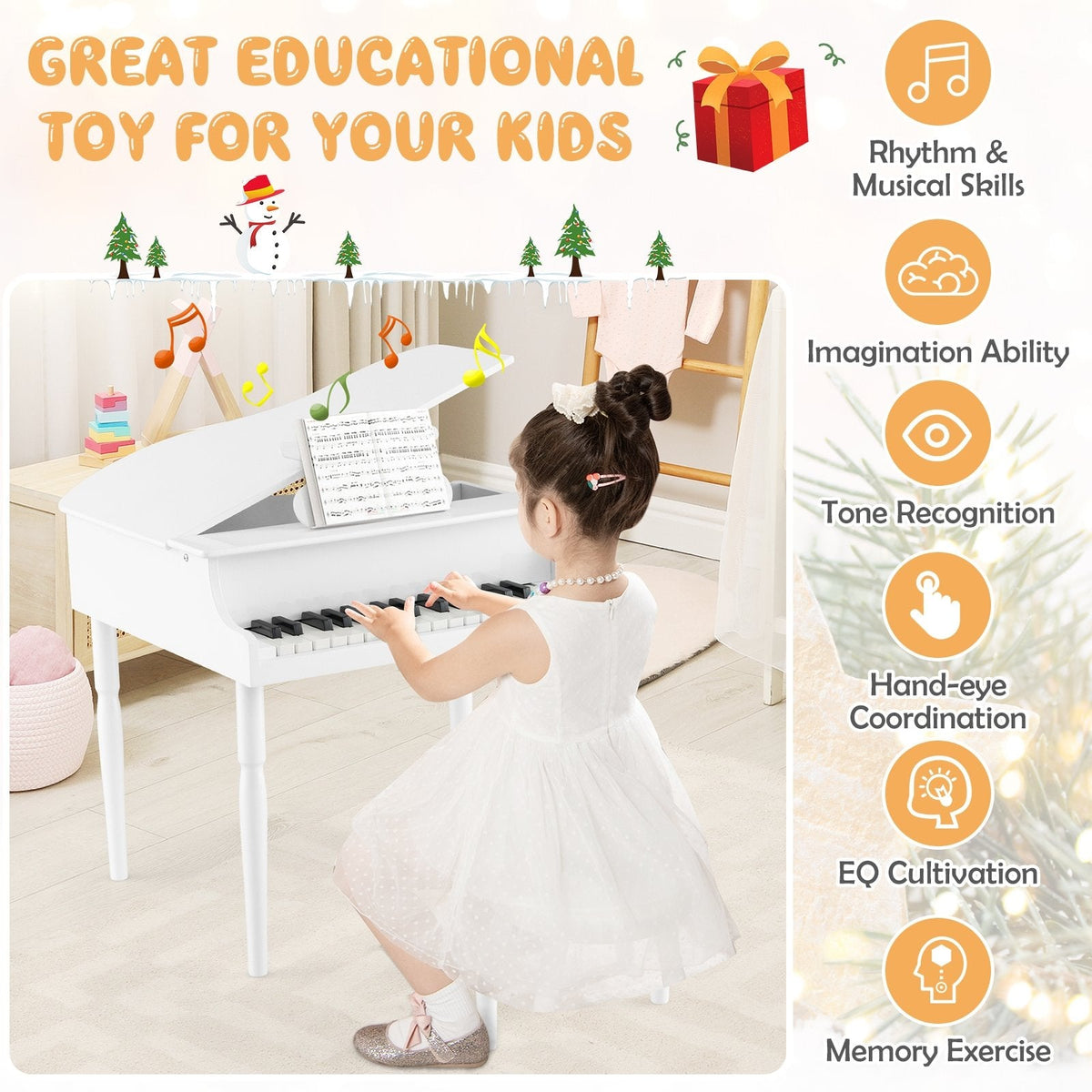 Piano de juguete de madera de 30 teclas para niños con banqueta y atril - Blanco
