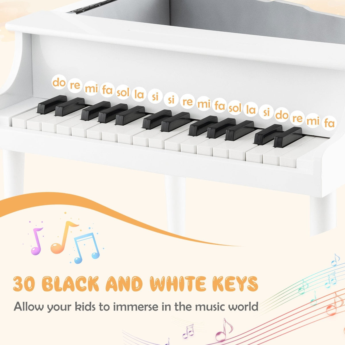Piano de juguete de madera de 30 teclas para niños con banqueta y atril - Blanco