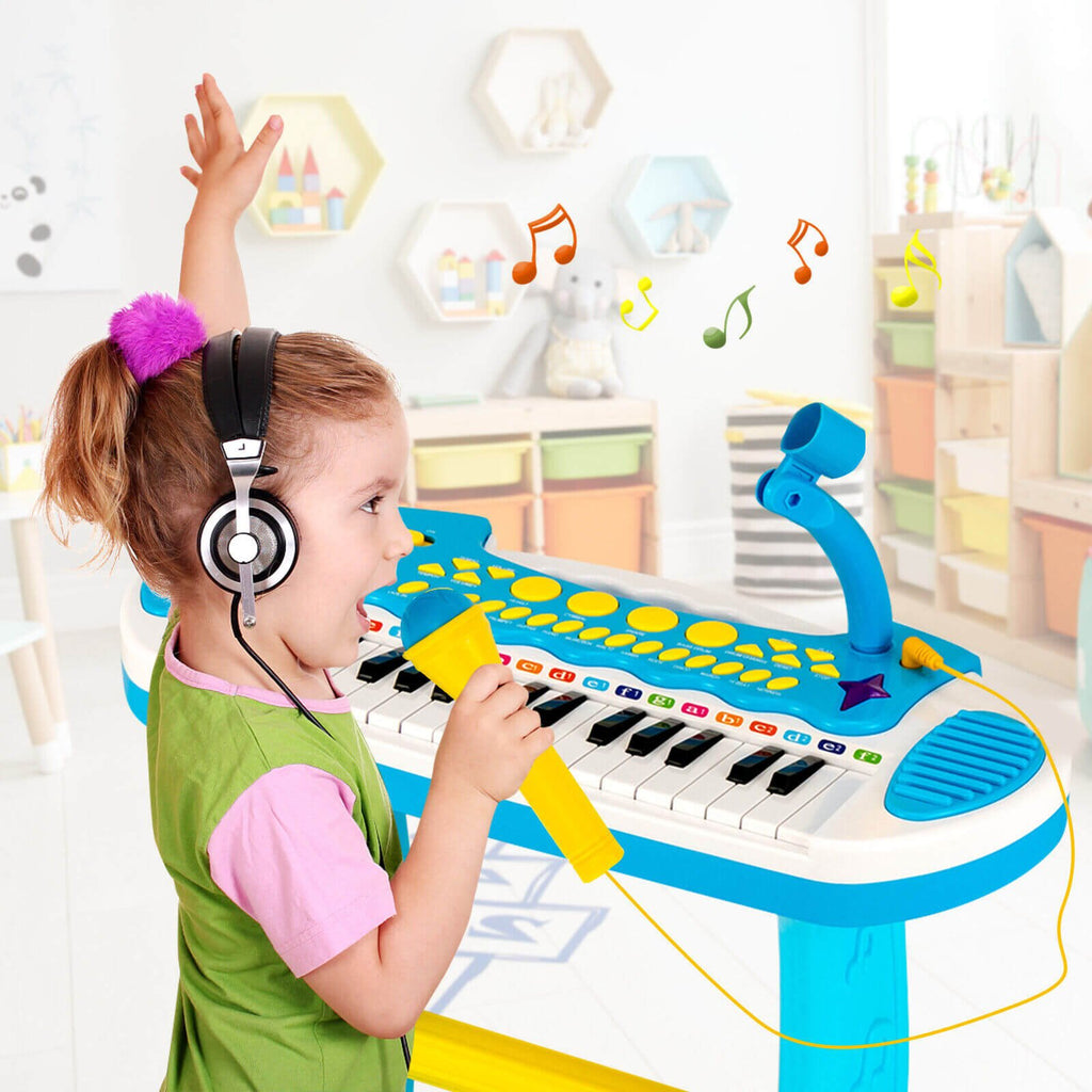 Teclado de piano de juguete para niños de 31 teclas con micrófono y múltiples sonidos, para mayores de 3 años - Azul