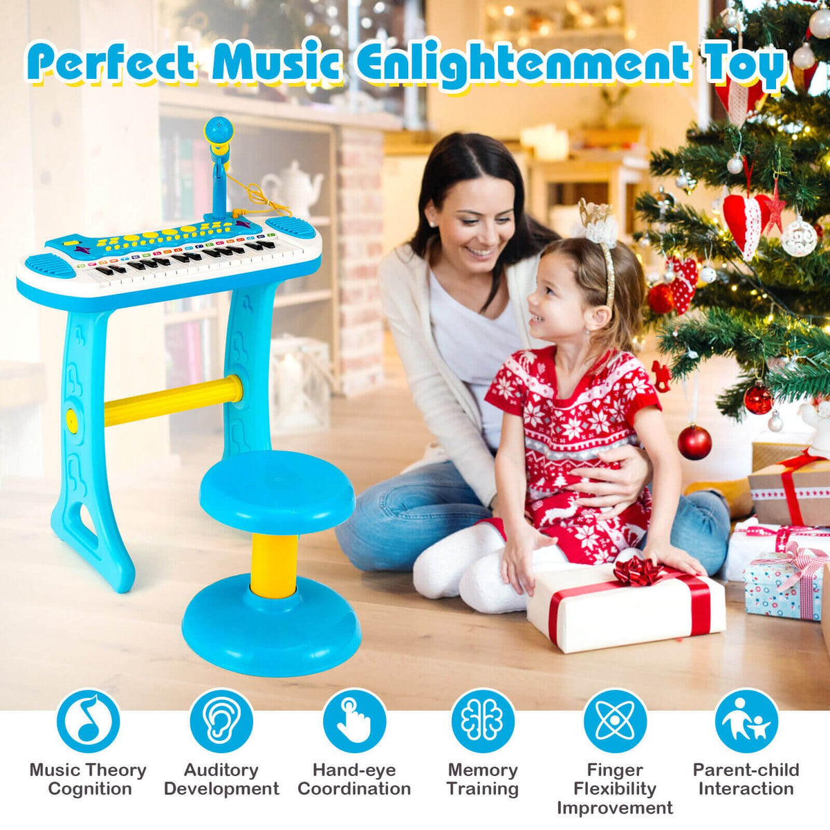 Teclado de piano de juguete para niños de 31 teclas con micrófono y múltiples sonidos, para mayores de 3 años - Azul