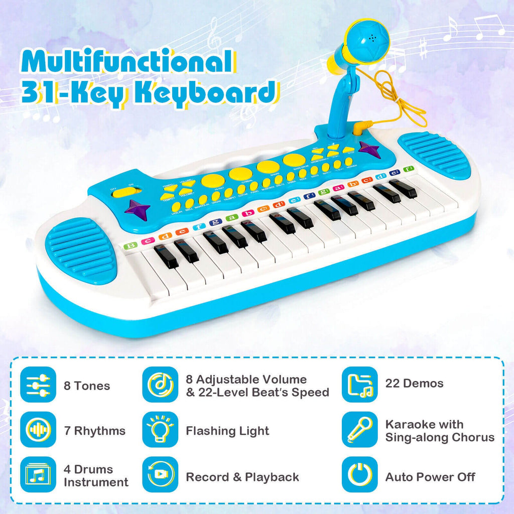 Teclado de piano de juguete para niños de 31 teclas con micrófono y múltiples sonidos, para mayores de 3 años - Azul