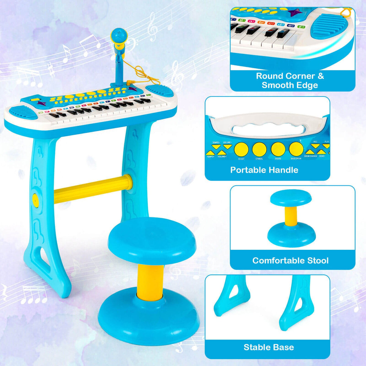 Teclado de piano de juguete para niños de 31 teclas con micrófono y múltiples sonidos, para mayores de 3 años - Azul