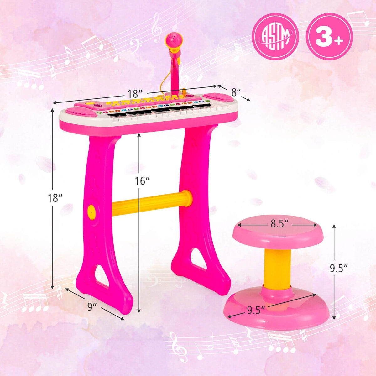 31-Tasten-Kinder-Klavier-Spielzeug mit Mikrofon und verschiedenen Klängen für Kinder ab 3 Jahren – Rosa