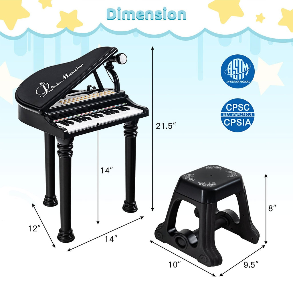 Teclado de piano infantil de 31 teclas con taburete y tapa negra