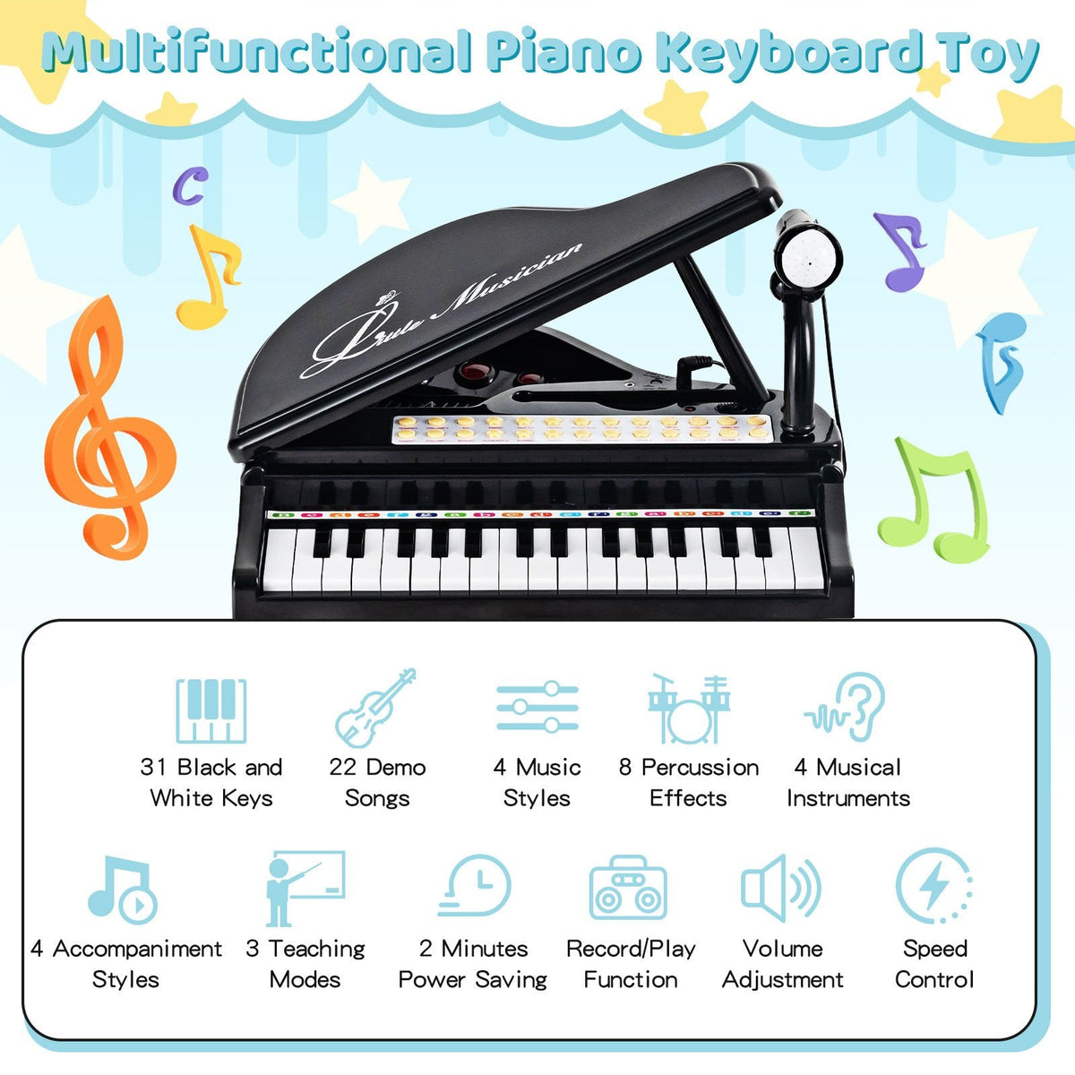Teclado de piano infantil de 31 teclas con taburete y tapa negra