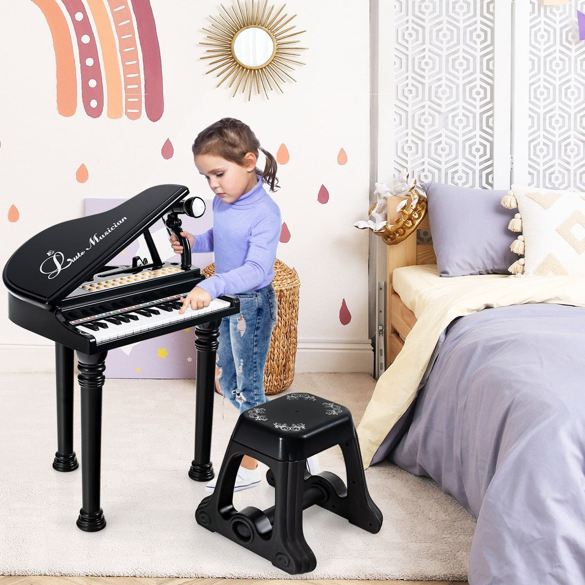 Teclado de piano infantil de 31 teclas con taburete y tapa negra