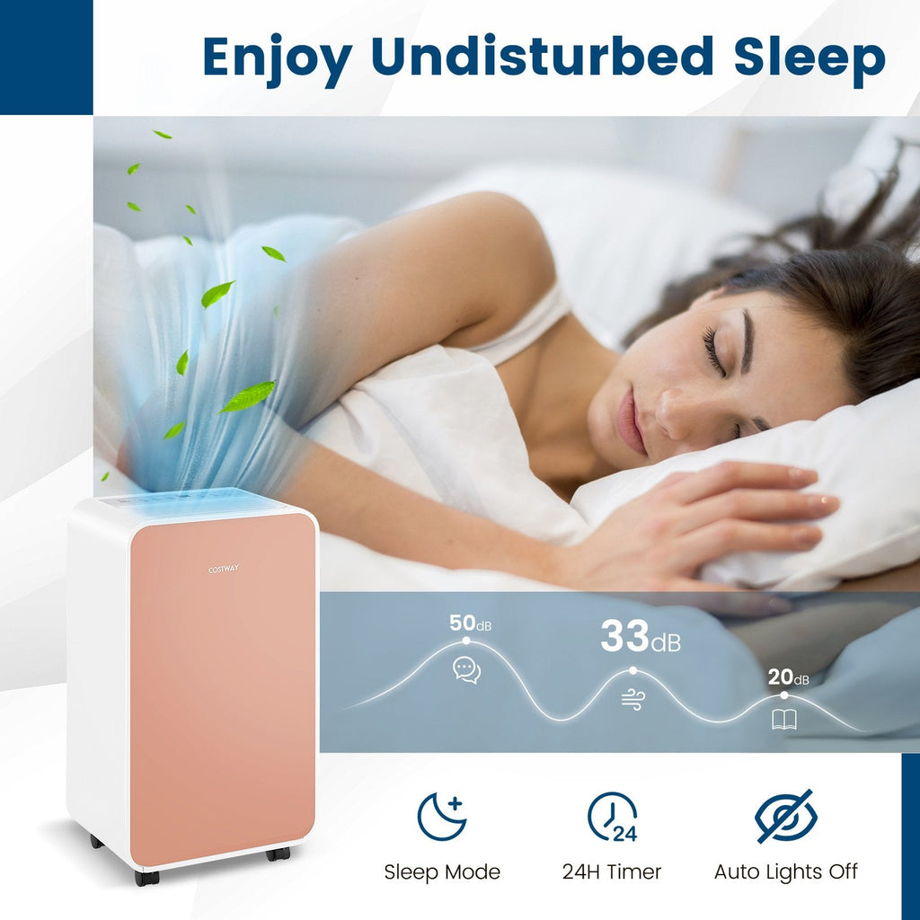 Leiser 32-Pint-Luftentfeuchter, 0,5-Gallonen-Tank oder 3,3-ft-Schwerkraftablauf, 33-dB-Schlaumodus, Rosa