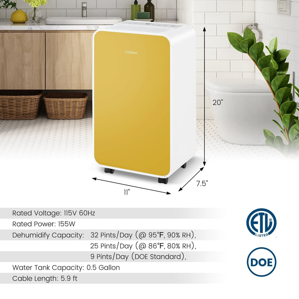 Deshumidificador silencioso de 32 pintas, 3 modos y 2 velocidades de ventilador, modo sueño de 33 dB, filtro lavable, amarillo
