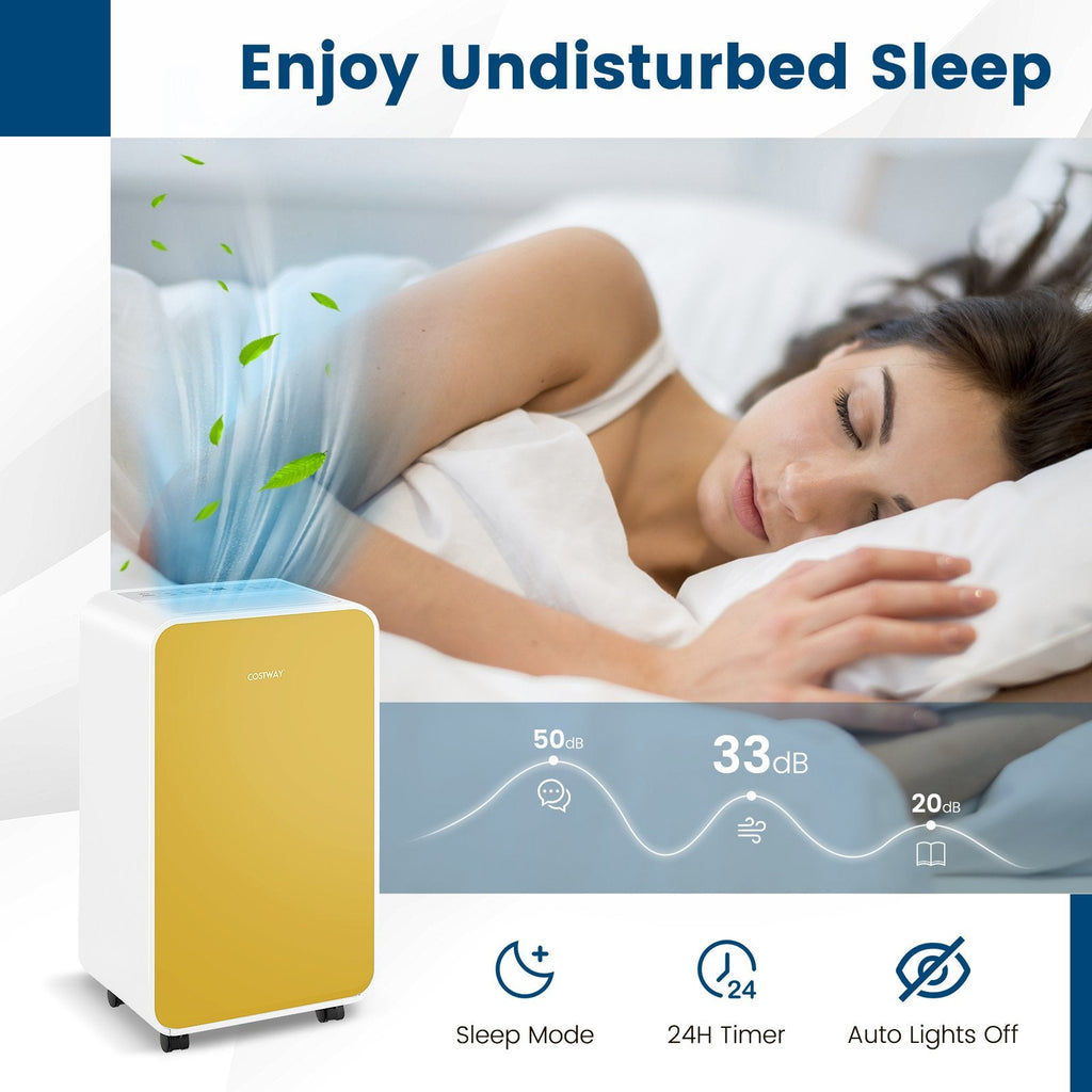 Deshumidificador silencioso de 32 pintas, 3 modos y 2 velocidades de ventilador, modo sueño de 33 dB, filtro lavable, amarillo