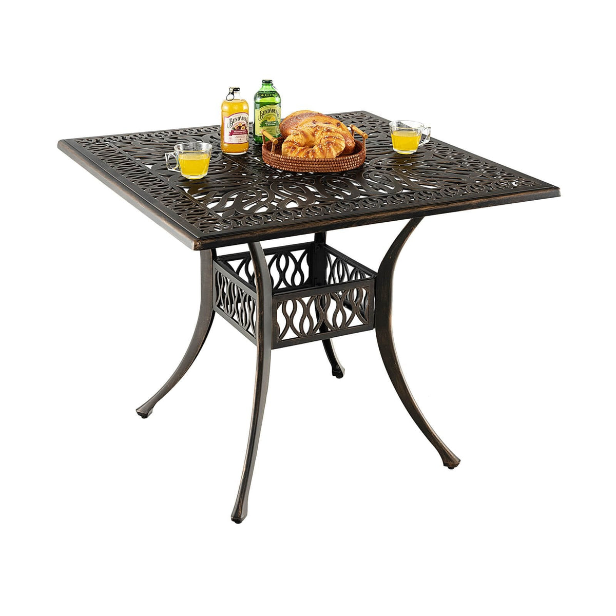 35,4 Zoll quadratischer Aluminium-Terrassentisch mit Sonnenschirm-Öffnung – Bronze