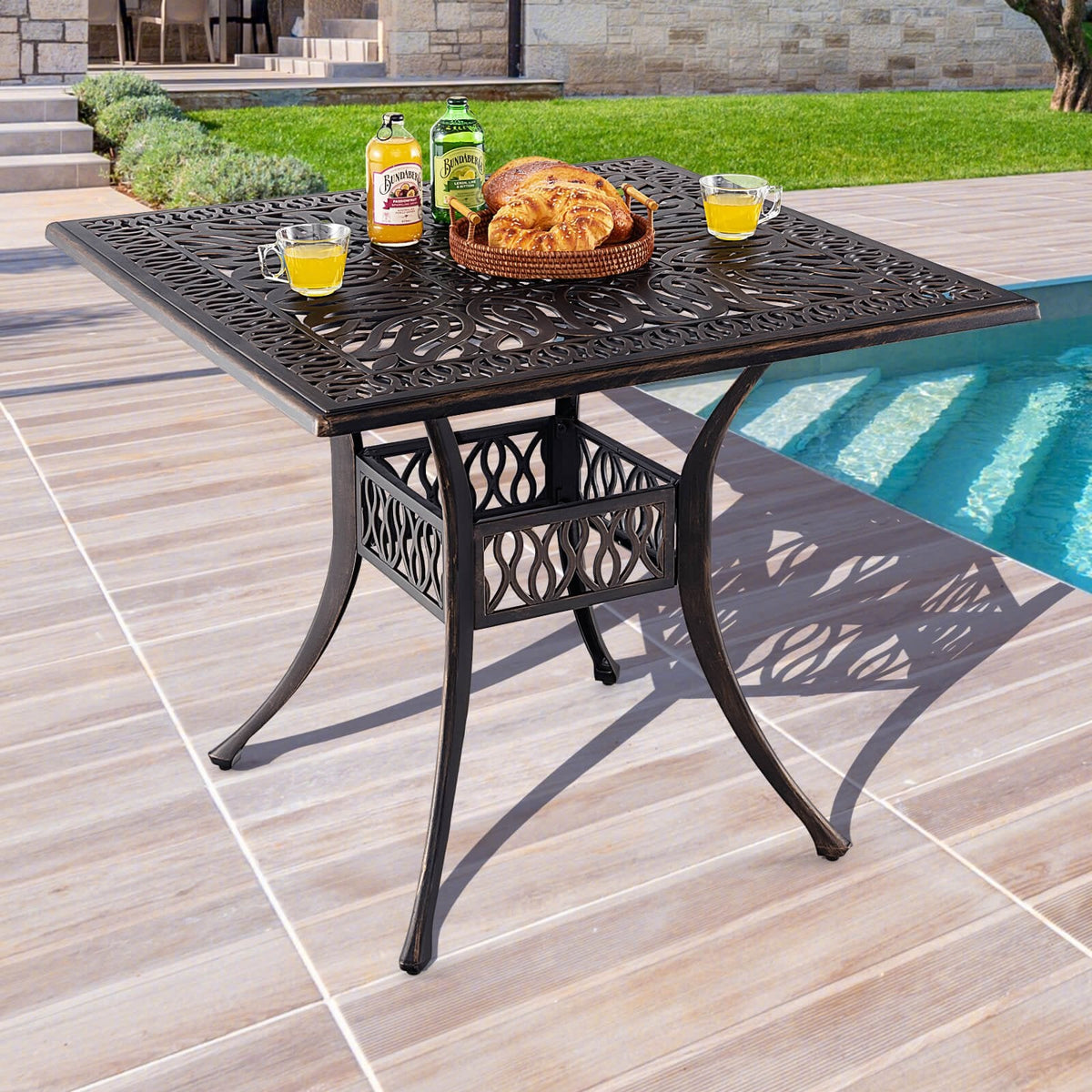 35,4 Zoll quadratischer Aluminium-Terrassentisch mit Sonnenschirm-Öffnung – Bronze