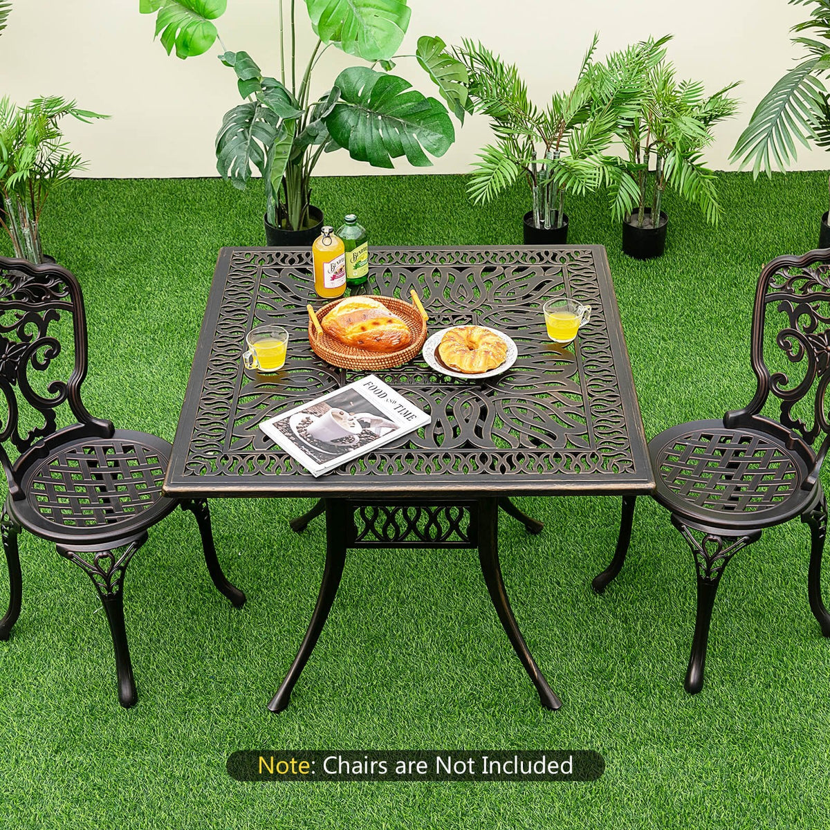 35,4 Zoll quadratischer Aluminium-Terrassentisch mit Sonnenschirm-Öffnung – Bronze