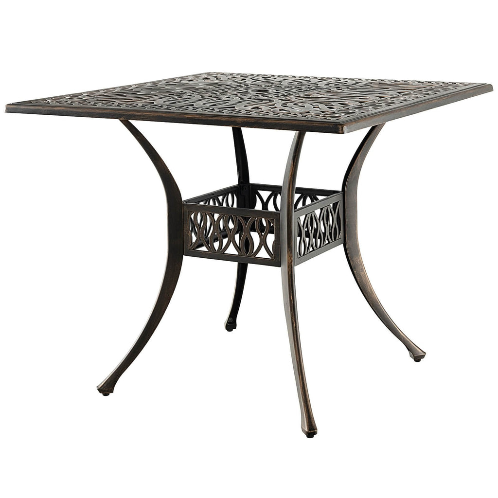 35,4 Zoll quadratischer Aluminium-Terrassentisch mit Sonnenschirm-Öffnung – Bronze