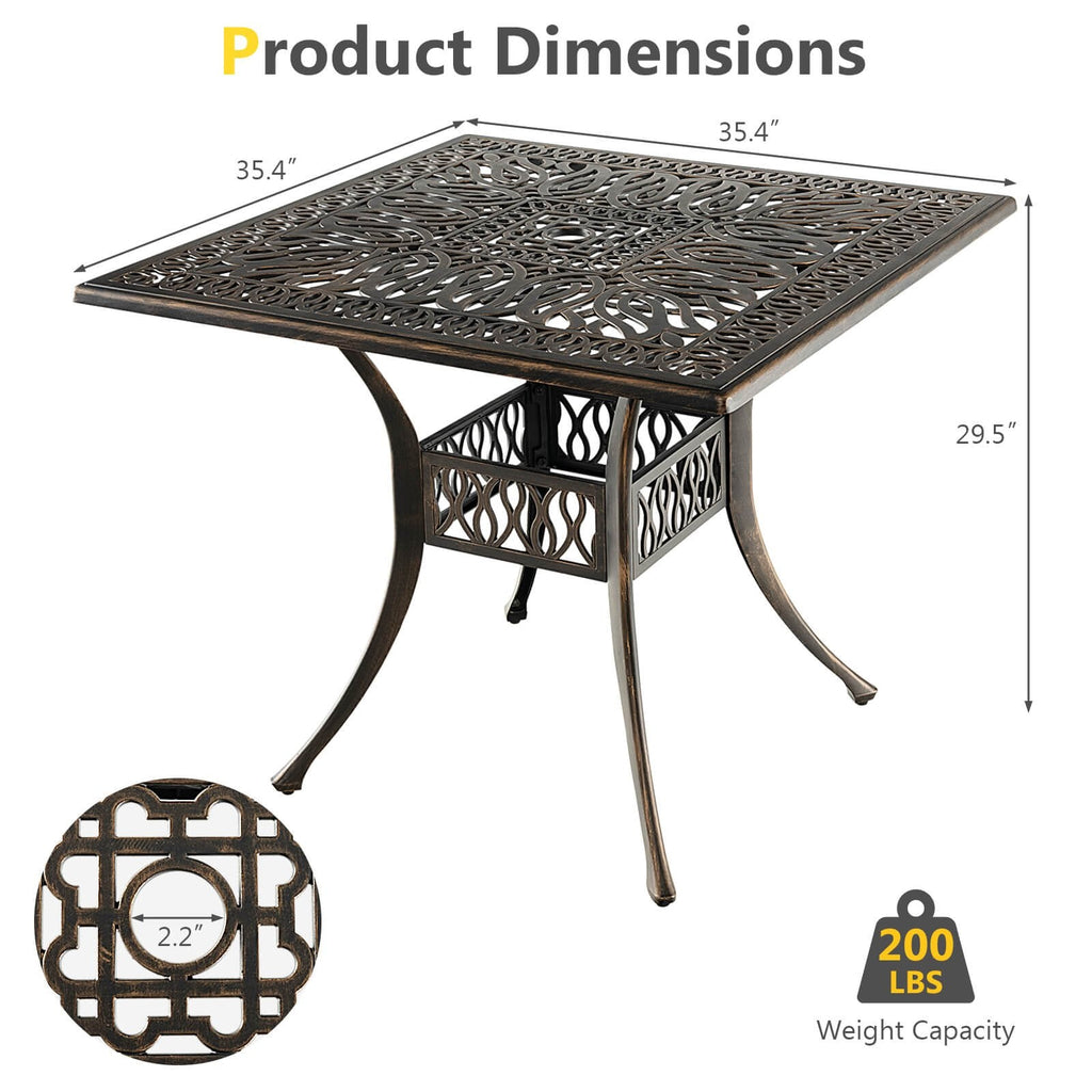 35,4 Zoll quadratischer Aluminium-Terrassentisch mit Sonnenschirm-Öffnung – Bronze