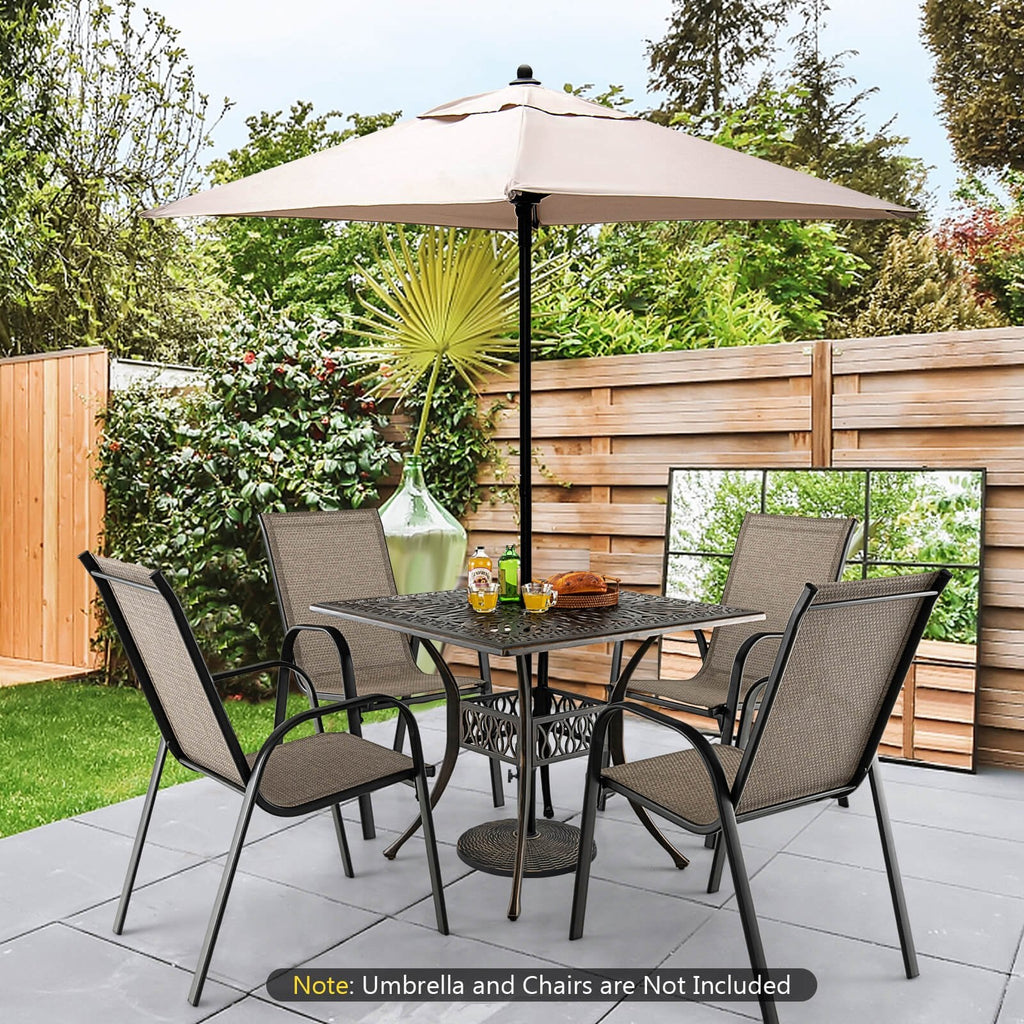 35,4 Zoll quadratischer Aluminium-Terrassentisch mit Sonnenschirm-Öffnung – Bronze