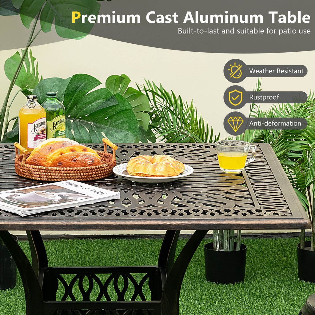 35,4 Zoll quadratischer Aluminium-Terrassentisch mit Sonnenschirm-Öffnung – Bronze