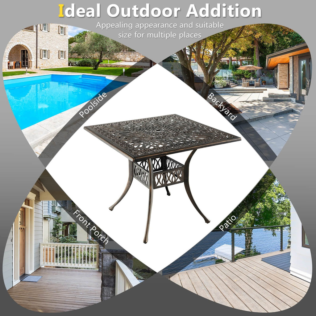35,4 Zoll quadratischer Aluminium-Terrassentisch mit Sonnenschirm-Öffnung – Bronze