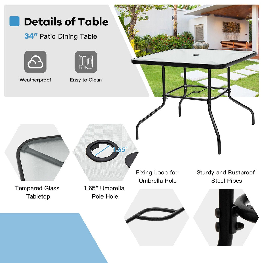 Table de salle à manger de terrasse carrée en verre trempé de 35 pouces avec trou pour parasol