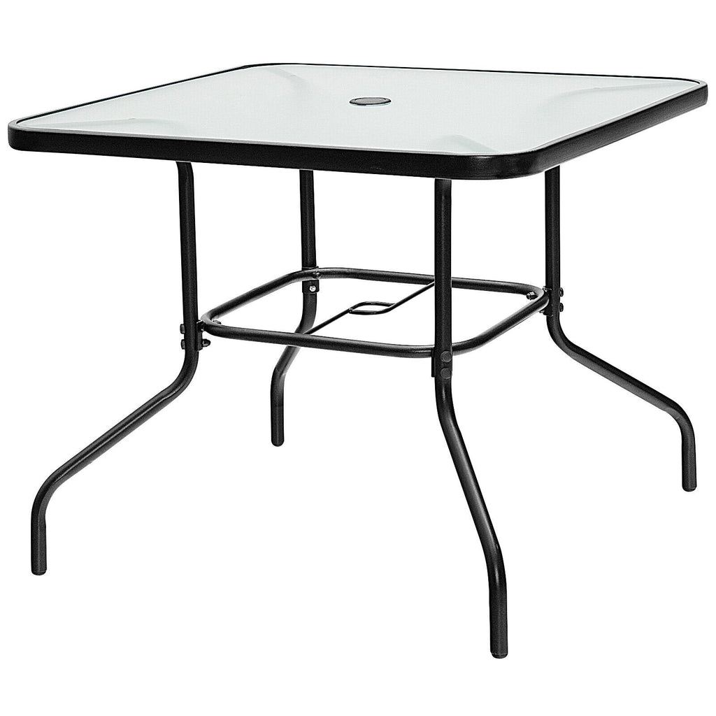 Table de salle à manger de terrasse carrée en verre trempé de 35 pouces avec trou pour parasol