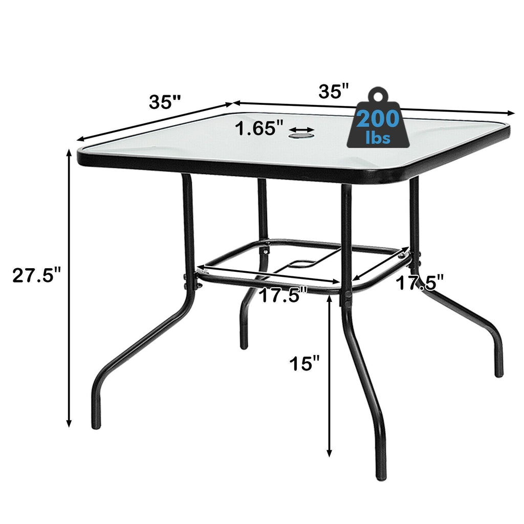 Table de salle à manger de terrasse carrée en verre trempé de 35 pouces avec trou pour parasol