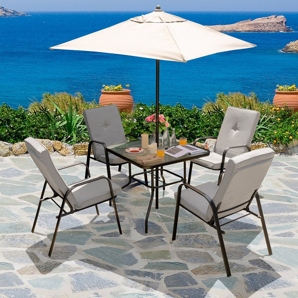 Table de salle à manger de terrasse carrée en verre trempé de 35 pouces avec trou pour parasol