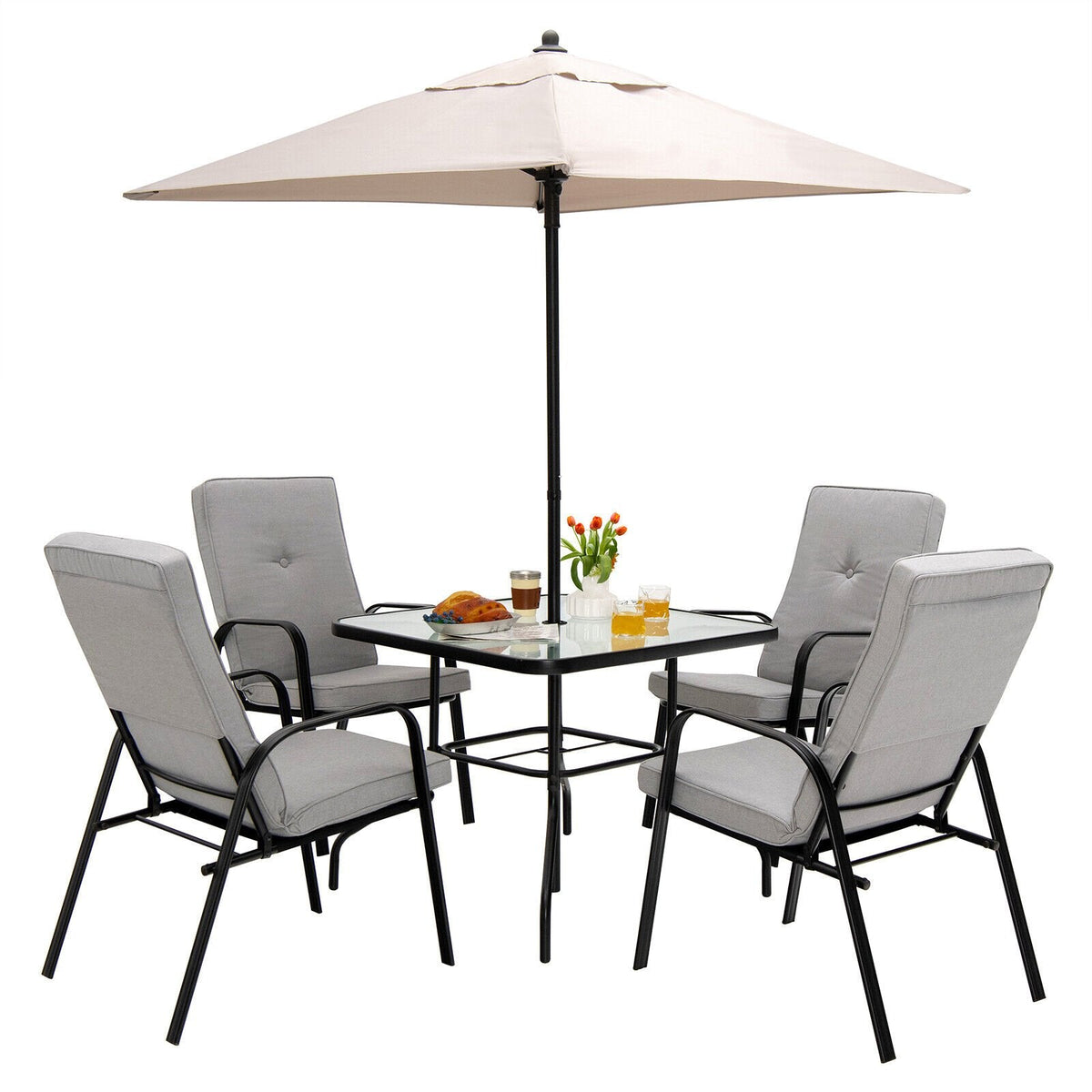 Table de salle à manger de terrasse carrée en verre trempé de 35 pouces avec trou pour parasol