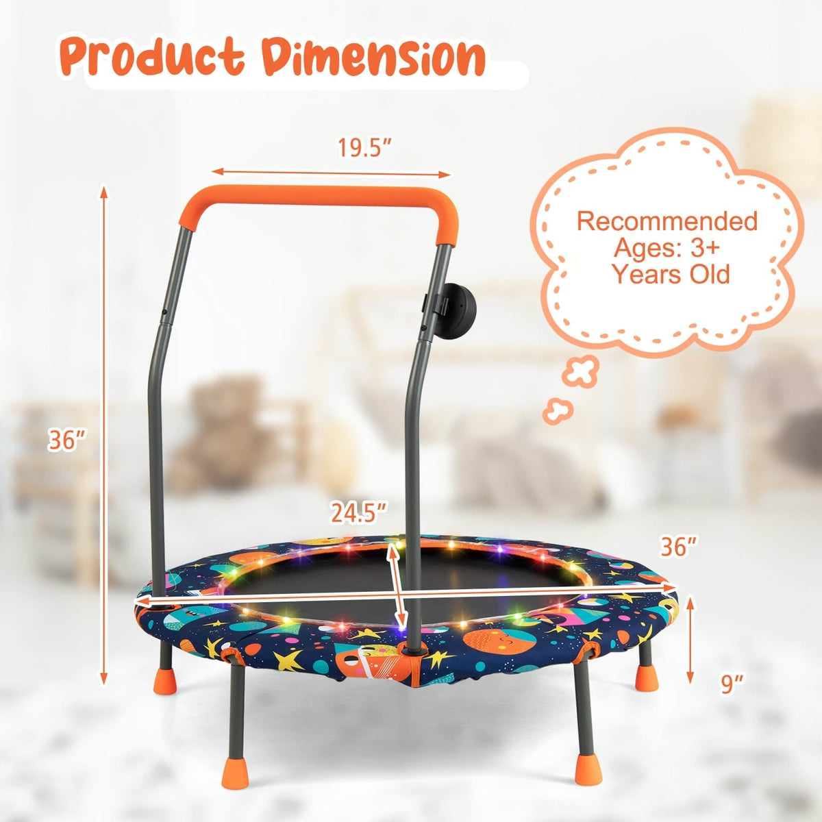 Mini trampolín de 36 pulgadas con luces LED de colores y altavoz Bluetooth multicolor