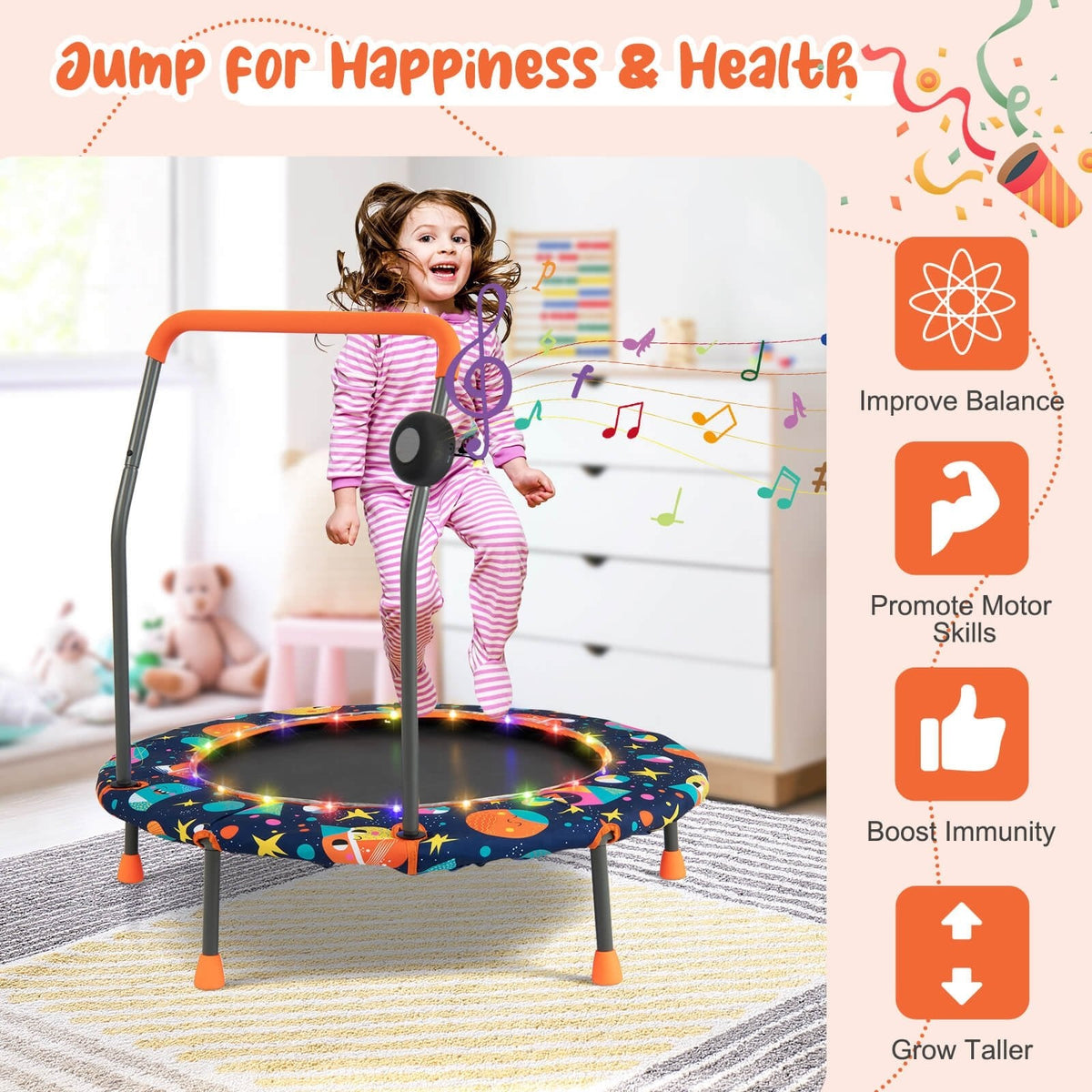 Mini trampolín de 36 pulgadas con luces LED de colores y altavoz Bluetooth multicolor