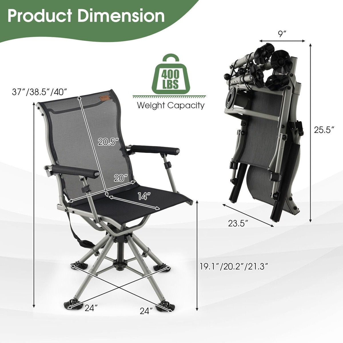 Chaise de chasse pivotante silencieuse à 360 degrés - Noir