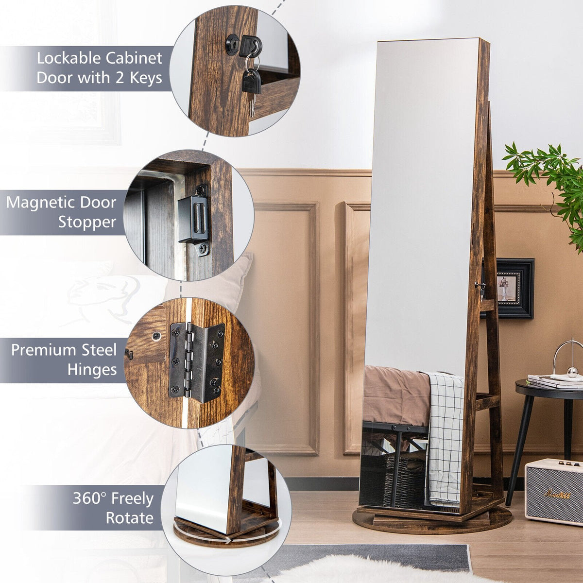 Armario para joyas giratorio 360° con espejo, 3 modos de luces LED, con cerradura-Marrón