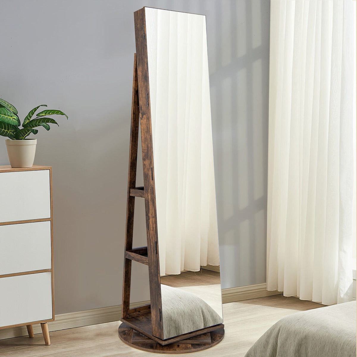 Armario para joyas giratorio 360° con espejo, 3 modos de luces LED, con cerradura-Marrón