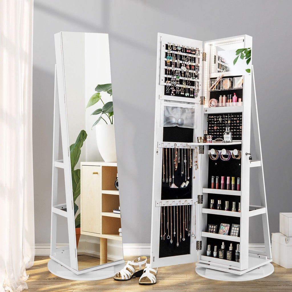 Cajonera para joyas con espejo giratorio 360°, 3 modos de luces LED, con cierre de seguridad - Blanco