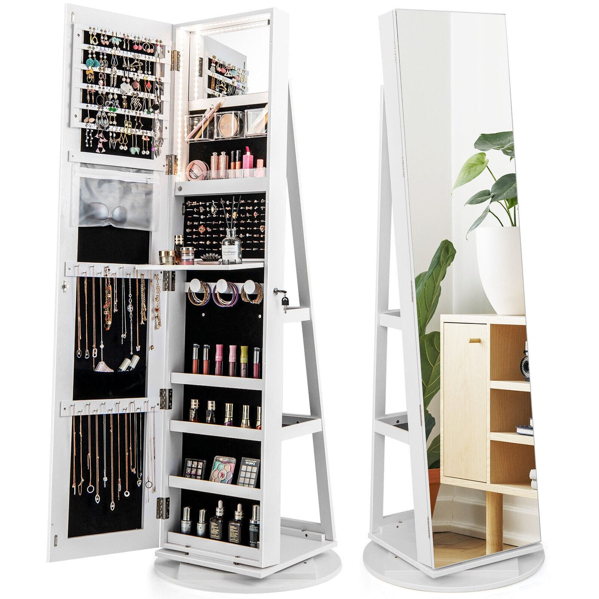 Cajonera para joyas con espejo giratorio 360°, 3 modos de luces LED, con cierre de seguridad - Blanco