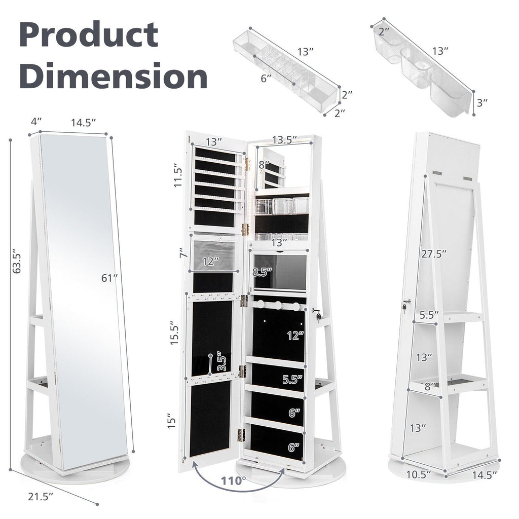 Cajonera para joyas con espejo giratorio 360°, 3 modos de luces LED, con cierre de seguridad - Blanco