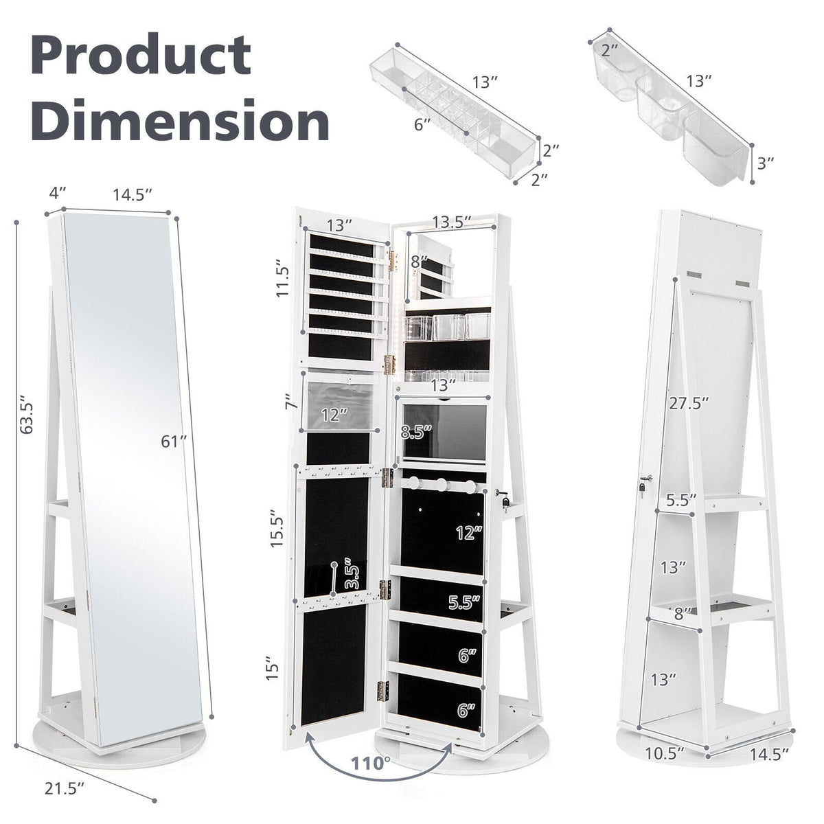 Cajonera para joyas con espejo giratorio 360°, 3 modos de luces LED, con cierre de seguridad - Blanco