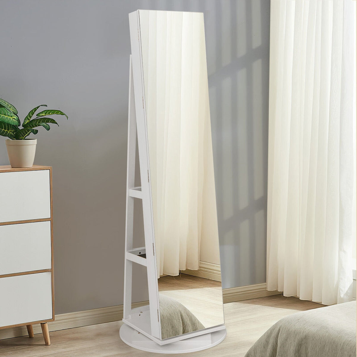 Cajonera para joyas con espejo giratorio 360°, 3 modos de luces LED, con cierre de seguridad - Blanco