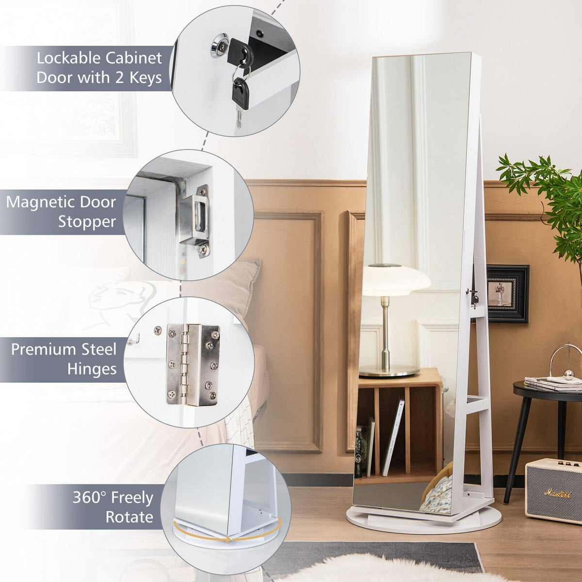 Cajonera para joyas con espejo giratorio 360°, 3 modos de luces LED, con cierre de seguridad - Blanco