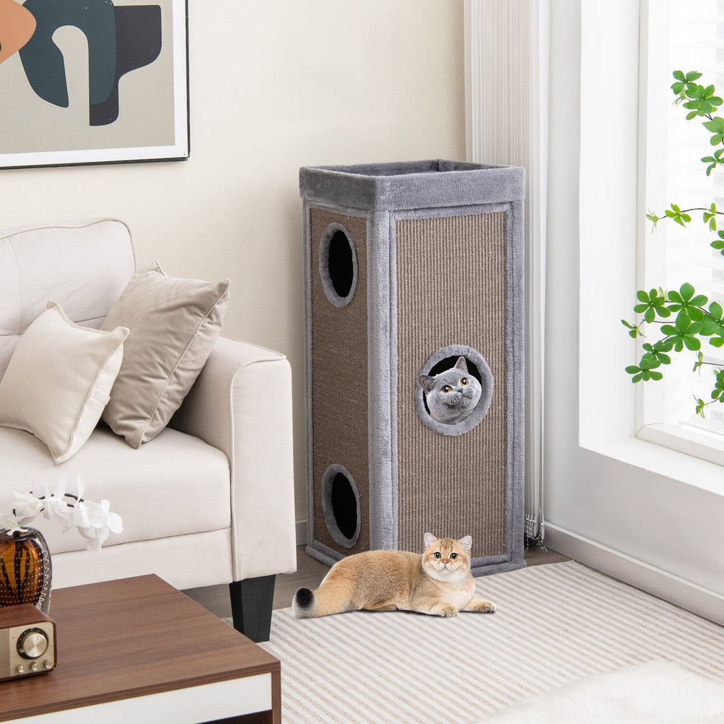 Tour pour chat de 39 pouces à 4 niveaux avec 3 cachettes, griffoirs en sisal et 4 coussins lavables, grise