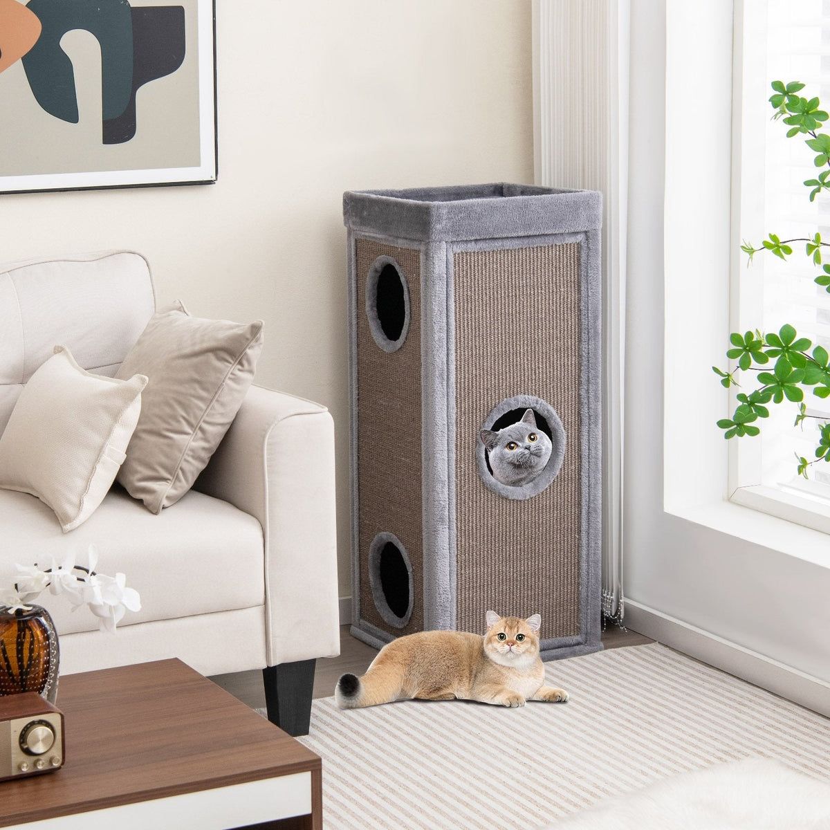 Tour pour chat de 39 pouces à 4 niveaux avec 3 cachettes, griffoirs en sisal et 4 coussins lavables, grise