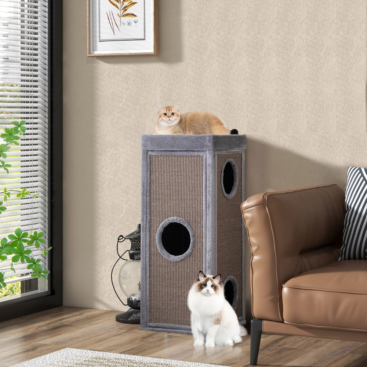 Tour pour chat de 39 pouces à 4 niveaux avec 3 cachettes, griffoirs en sisal et 4 coussins lavables, grise