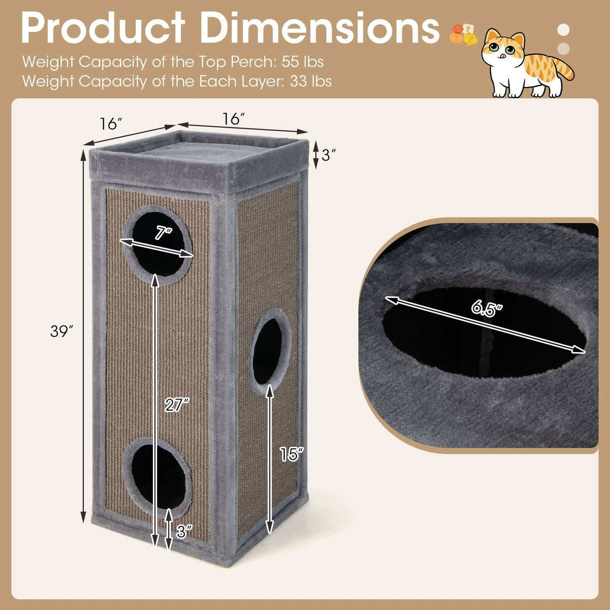Tour pour chat de 39 pouces à 4 niveaux avec 3 cachettes, griffoirs en sisal et 4 coussins lavables, grise