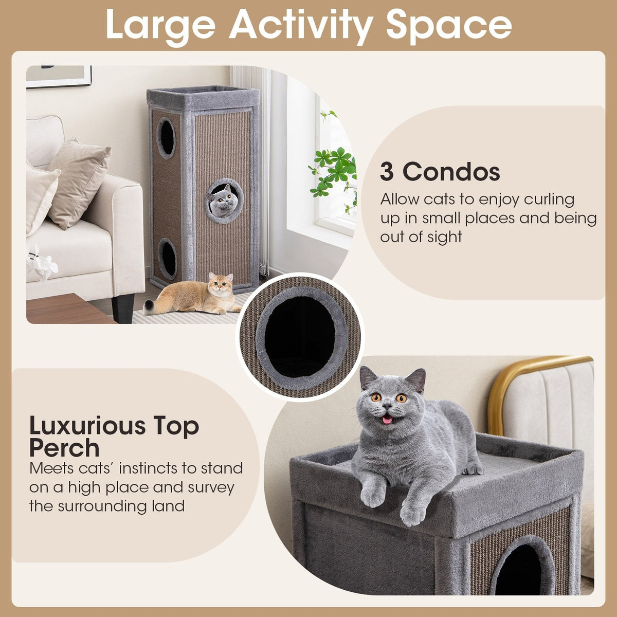 Tour pour chat de 39 pouces à 4 niveaux avec 3 cachettes, griffoirs en sisal et 4 coussins lavables, grise