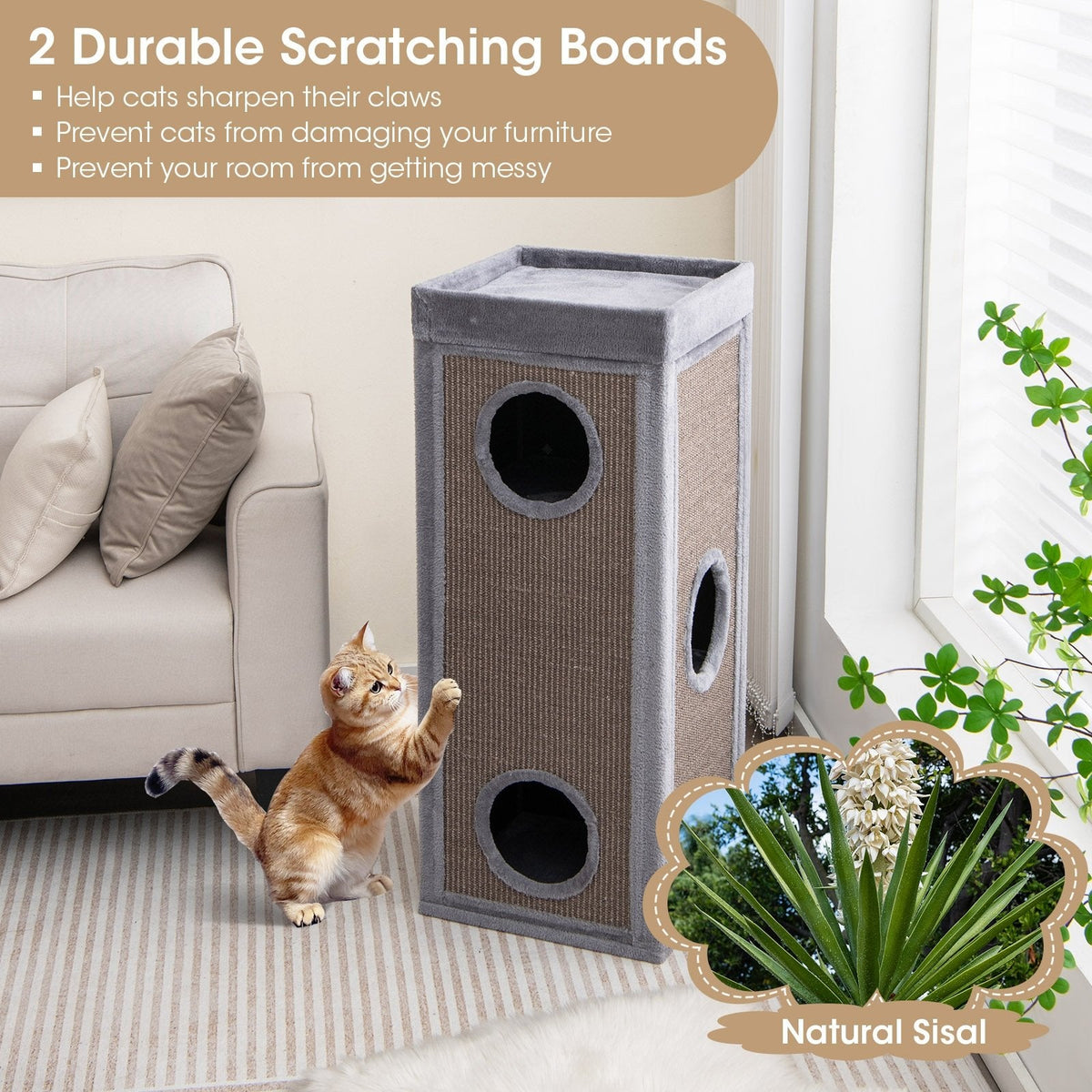 Tour pour chat de 39 pouces à 4 niveaux avec 3 cachettes, griffoirs en sisal et 4 coussins lavables, grise