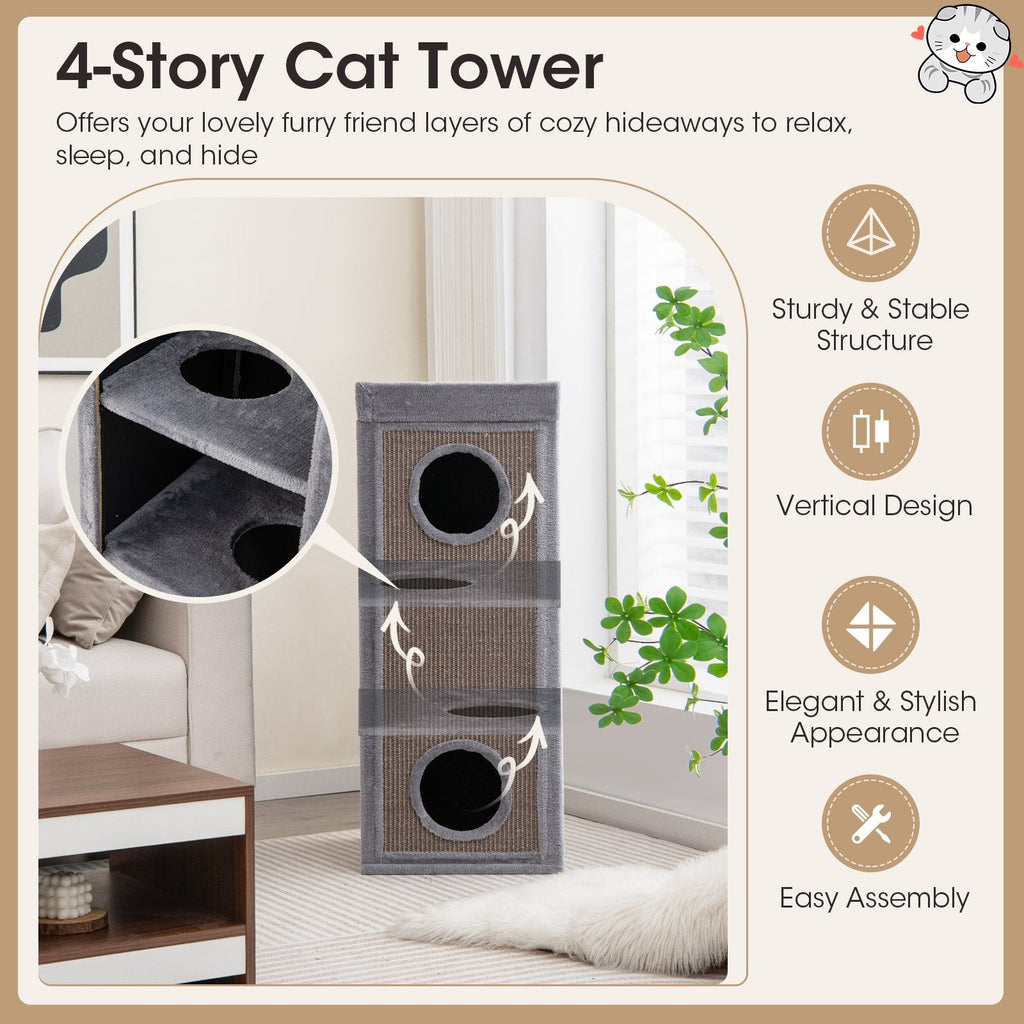 Tour pour chat de 39 pouces à 4 niveaux avec 3 cachettes, griffoirs en sisal et 4 coussins lavables, grise