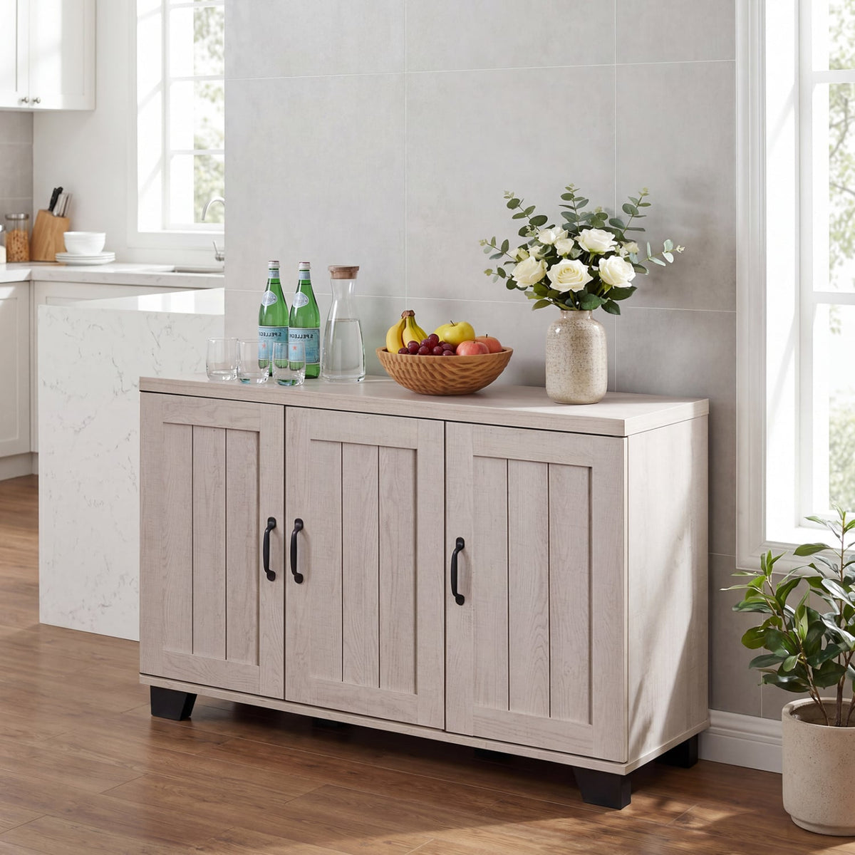 Búfete aparador de 3 puertas con estantes ajustables y kits antivuelco - Blanco Lavado