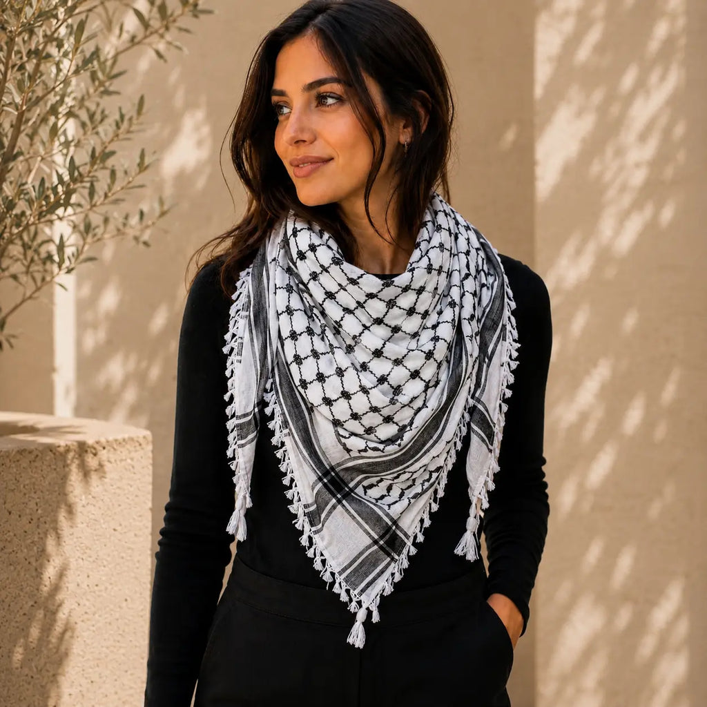 Classic Palestinian Keffiyeh Scarf – Keffiyeh - Original Black and White kufiyah- Al-Thawra