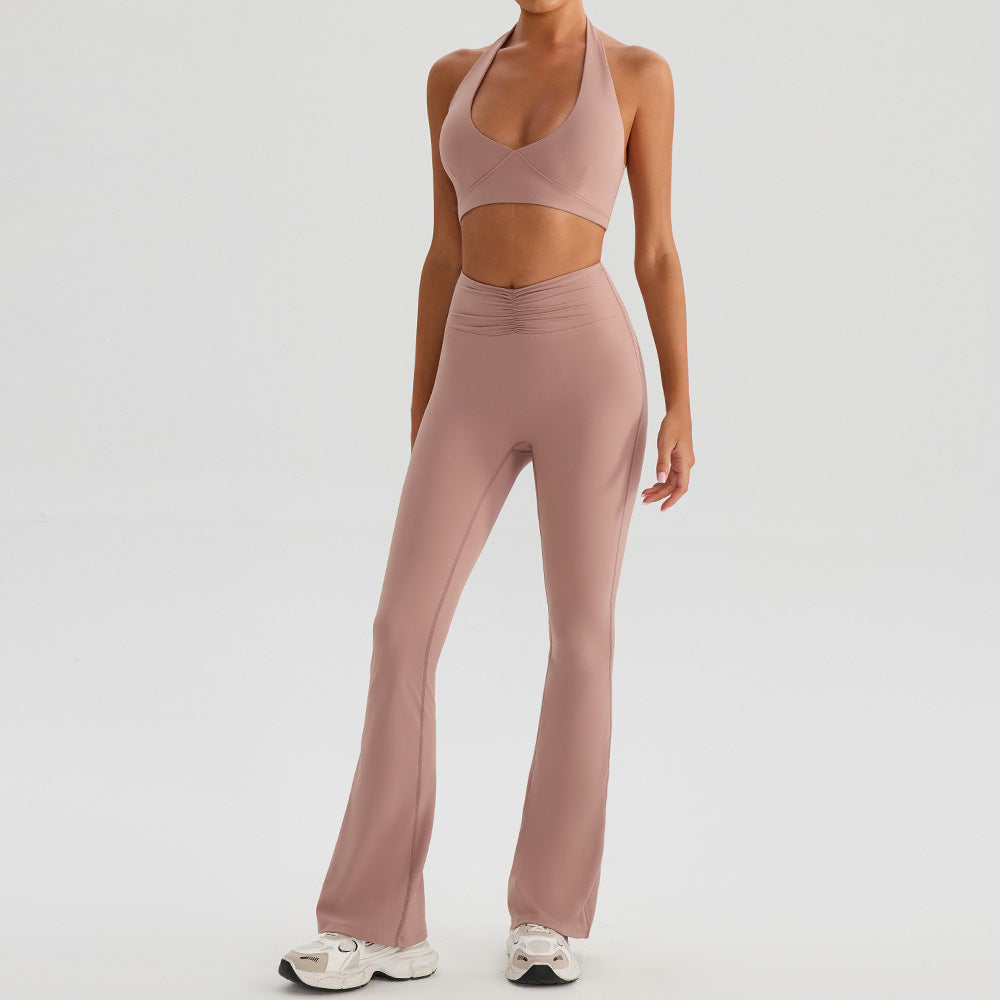 Zweiteiliges Set aus Yoga-Sport-Neckholder-BH und Tennisshort – Fitness-Outfit für Outdoor-Laufen