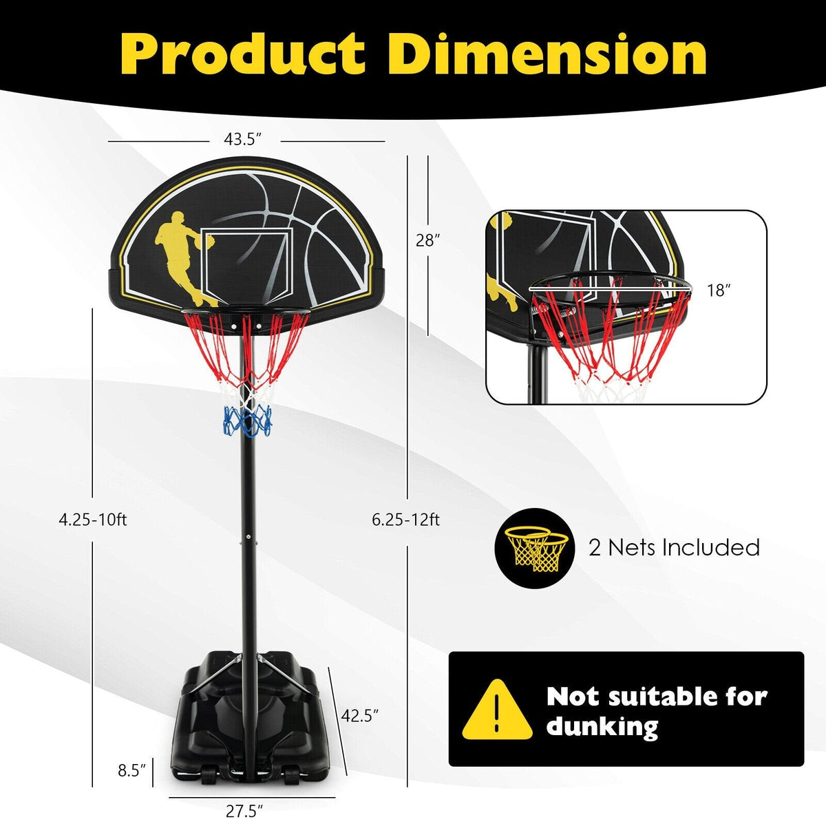 4,25–10 Fuß tragbares, höhenverstellbares Basketballkorb-System