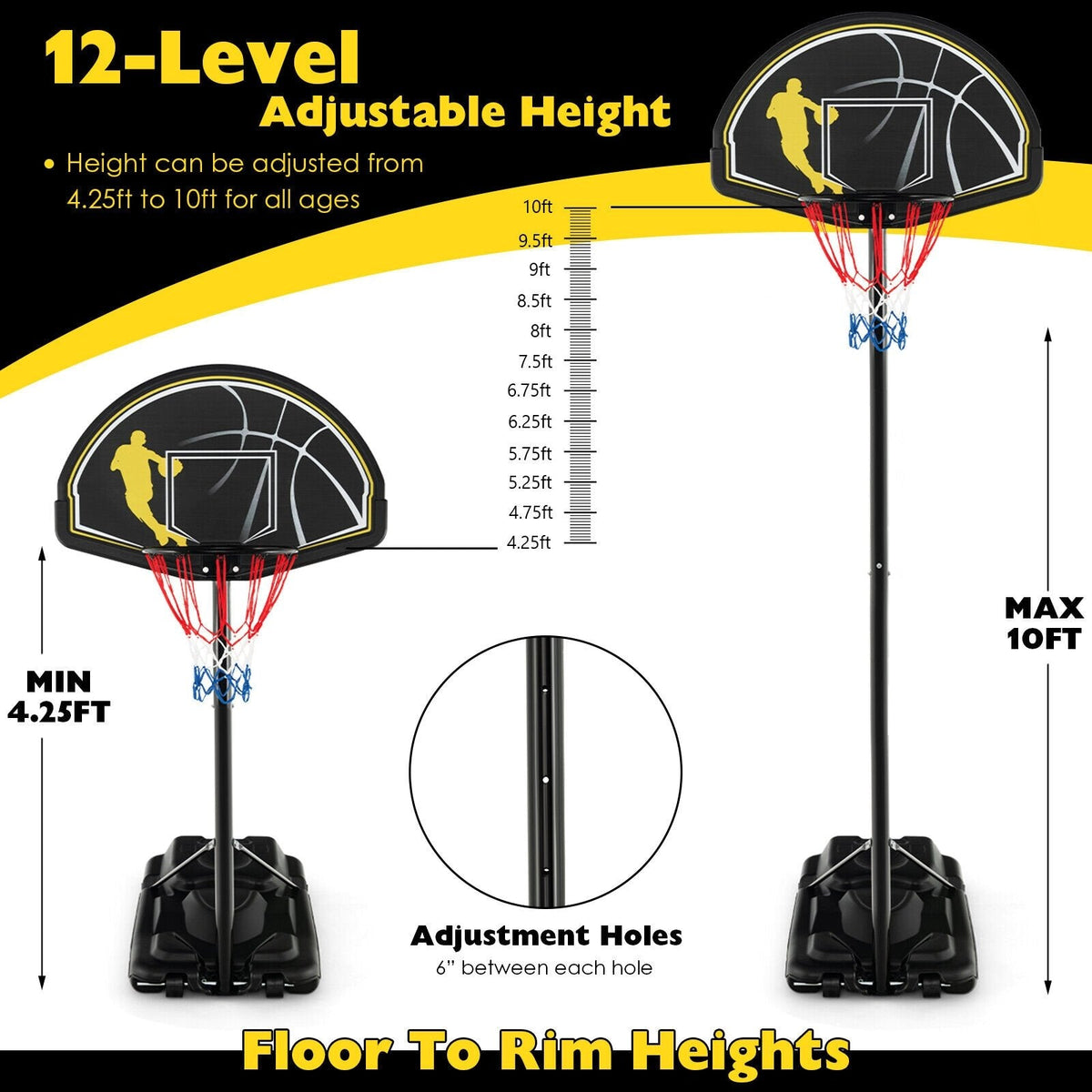 4,25–10 Fuß tragbares, höhenverstellbares Basketballkorb-System