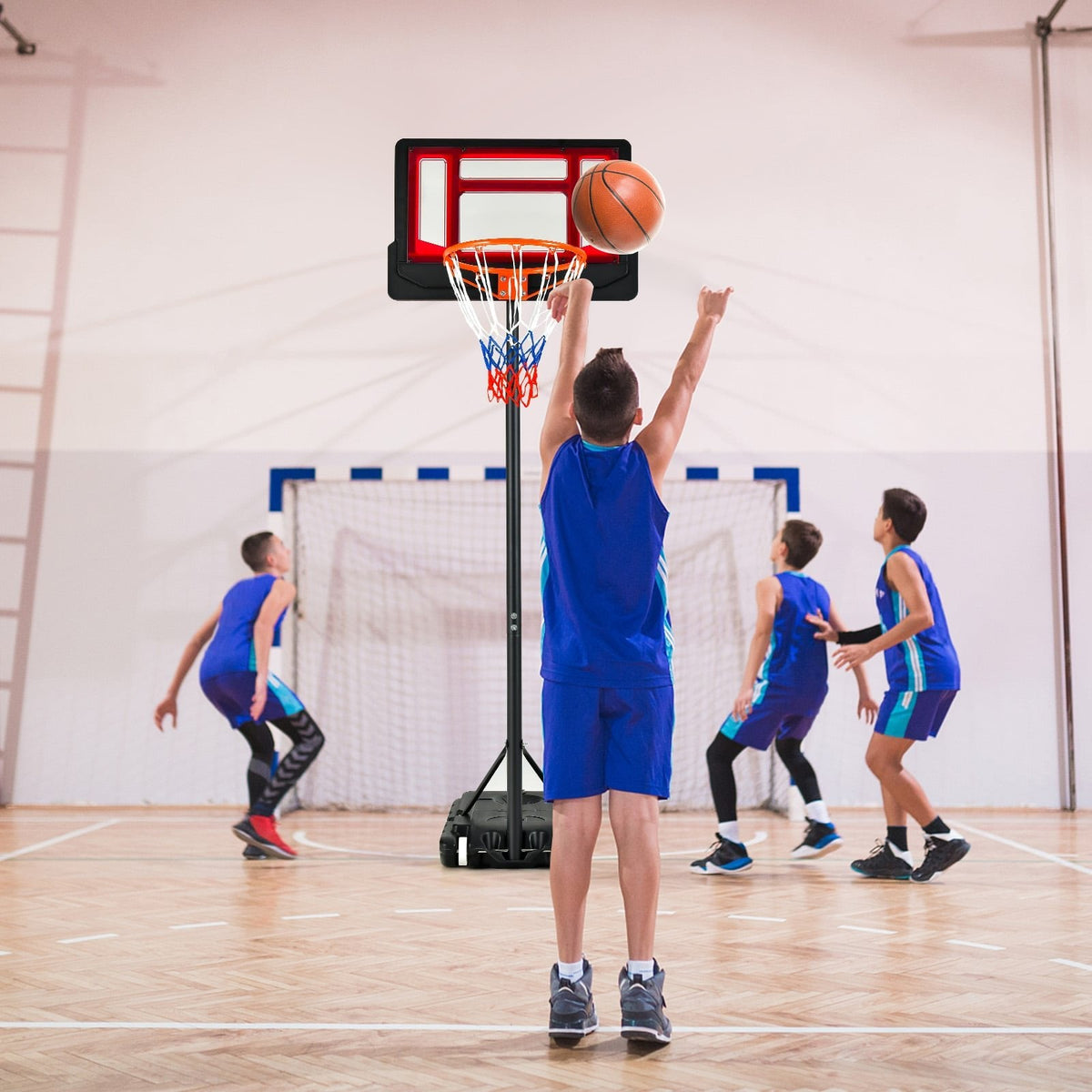 Panier de basket portable de 1,3 à 2,5 m avec hauteur réglable et roulettes – Rouge